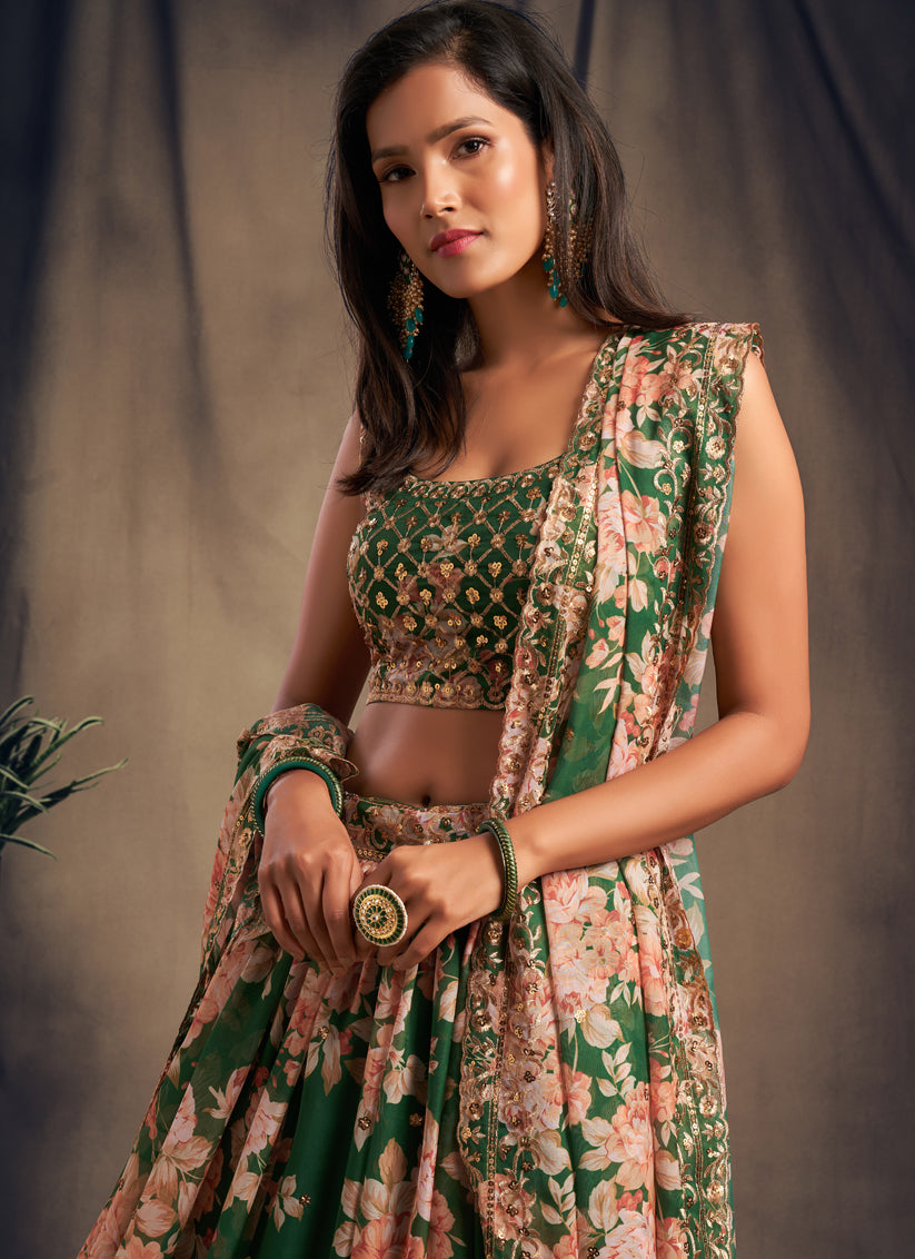 Green Organza Embroidered Designer Lehenga Choli