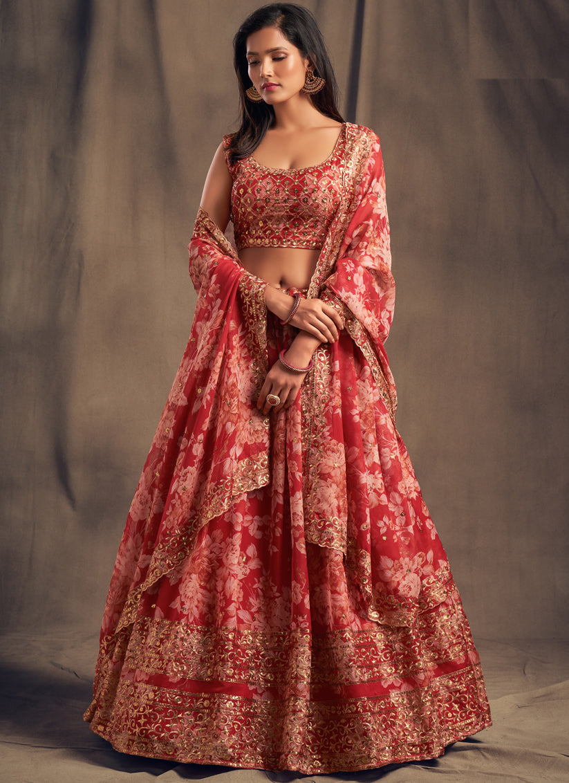 Red Organza Embroidered Gown