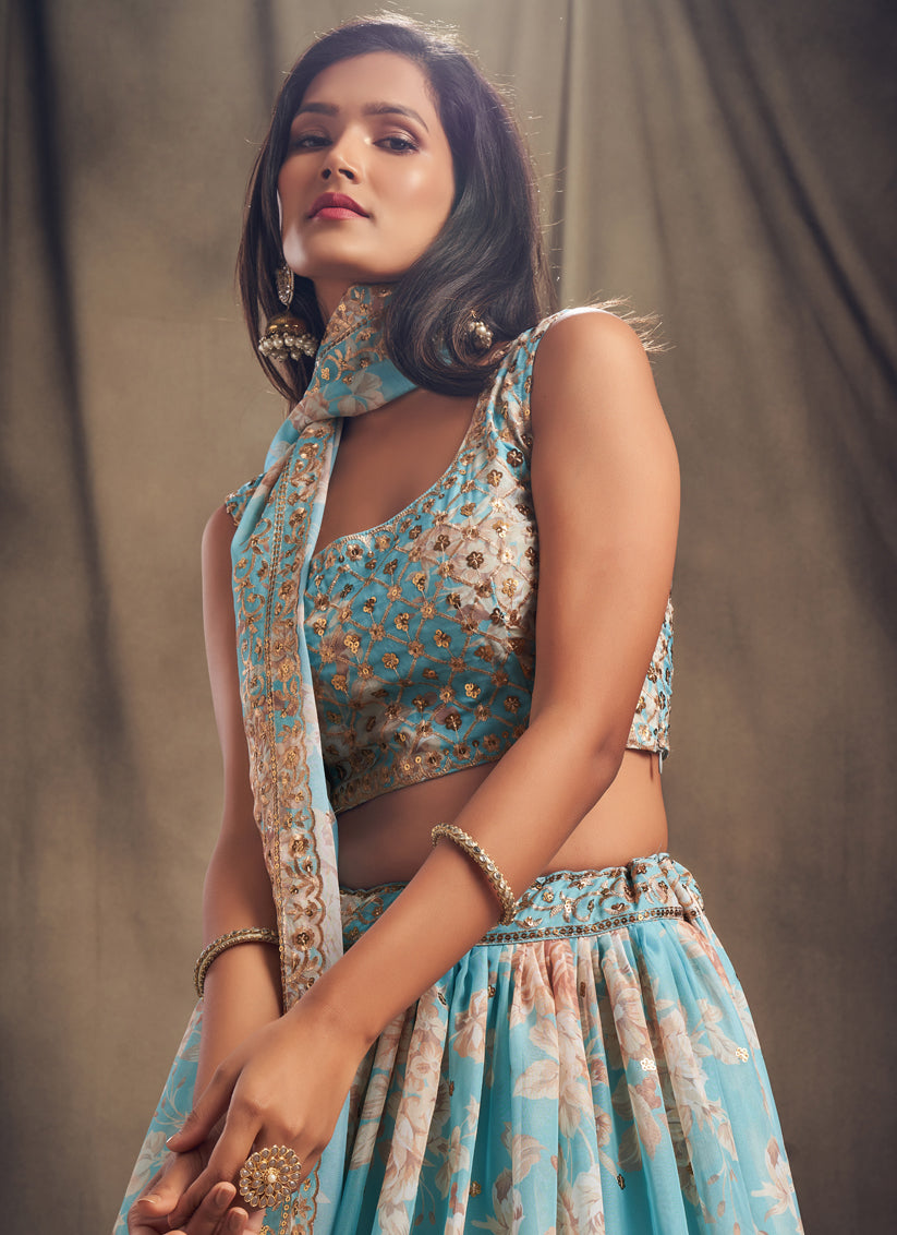 Sky Blue Organza Embroidered Designer Lehenga Choli
