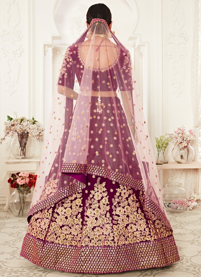 Purple Velvet Embroidered Bridal Lehenga Choli
