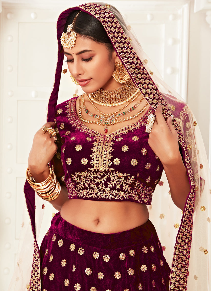 Purple Velvet Embroidered Bridal Lehenga Choli