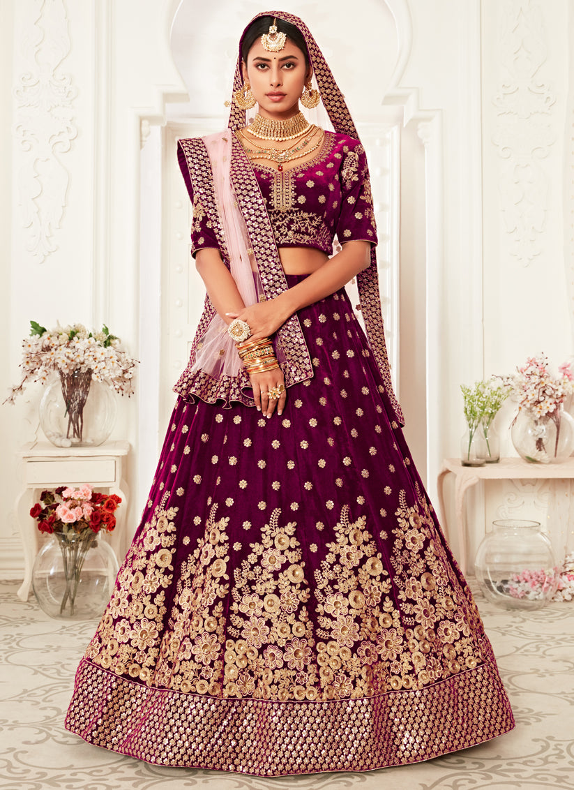 Purple Velvet Embroidered Bridal Lehenga Choli