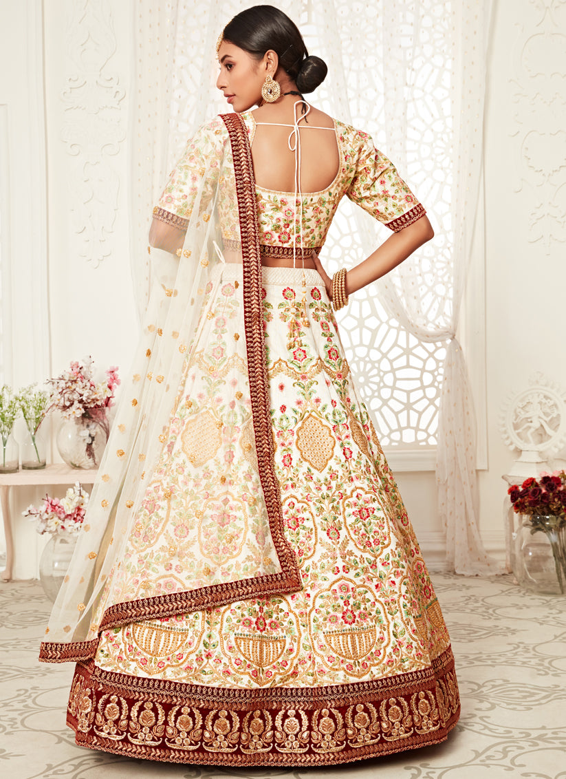 Off White Art Silk Embroidered Bridal Lehenga Choli