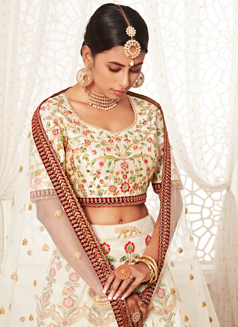 Off White Art Silk Embroidered Bridal Lehenga Choli