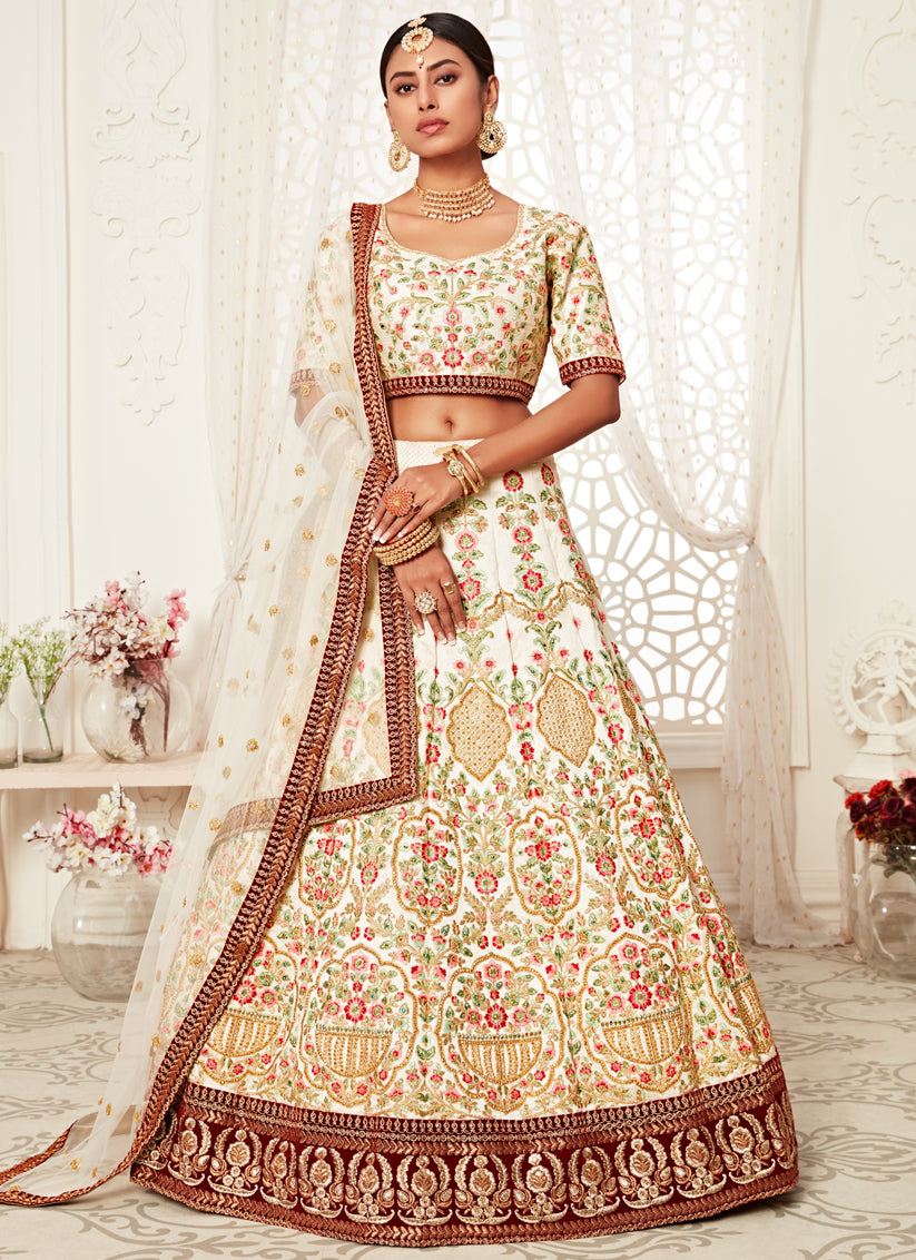 Off White Art Silk Embroidered Bridal Lehenga Choli