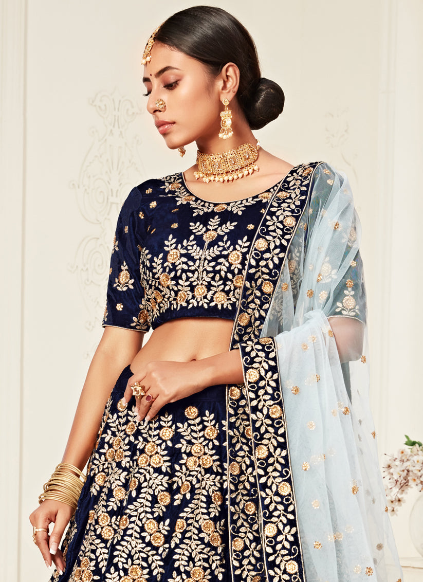 Navy Blue Velvet Embroidered Bridal Lehenga Choli