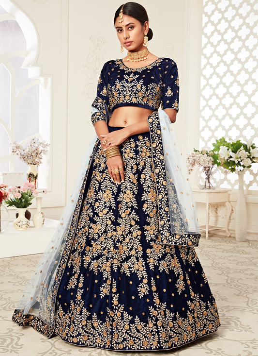 Navy Blue Velvet Embroidered Bridal Lehenga Choli