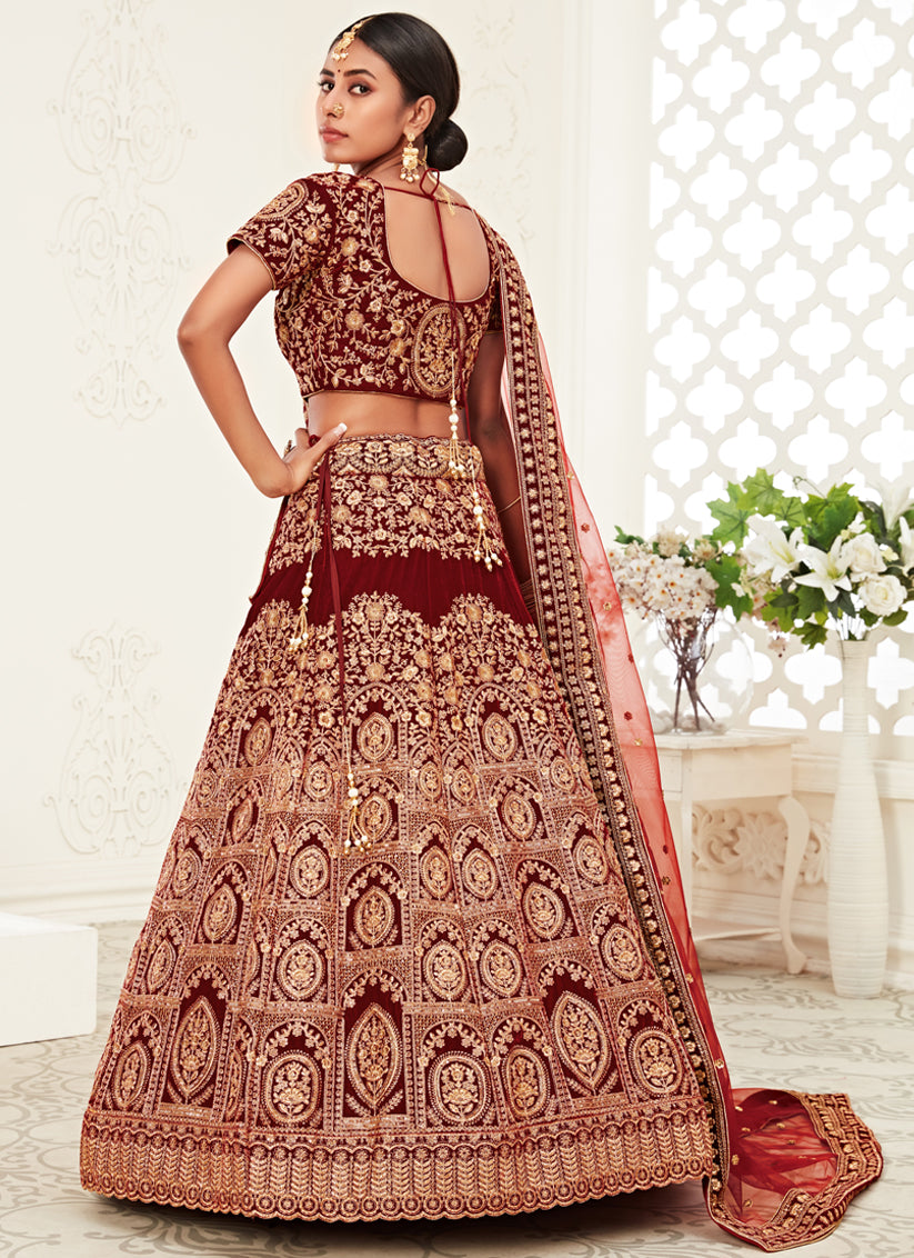 Red Velvet Embroidered Bridal Lehenga Choli