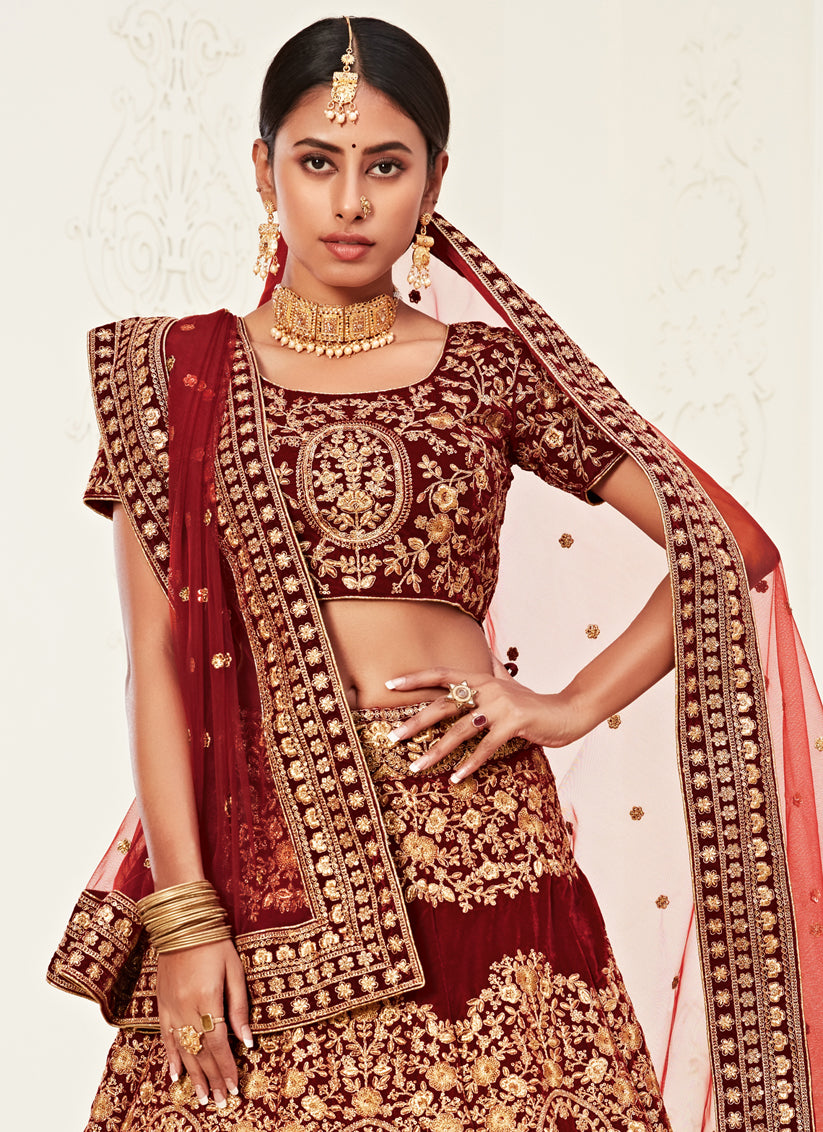 Red Velvet Embroidered Bridal Lehenga Choli