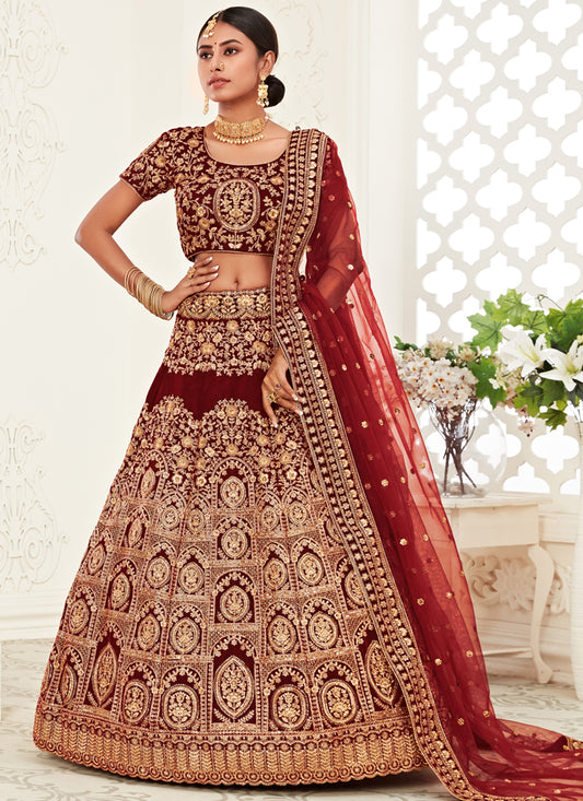 Red Velvet Embroidered Bridal Lehenga Choli
