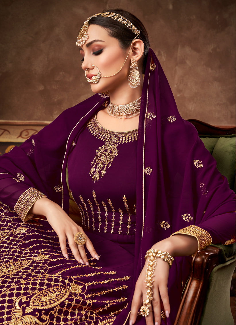 Wine Georgette Embroidered Anarkali Suit