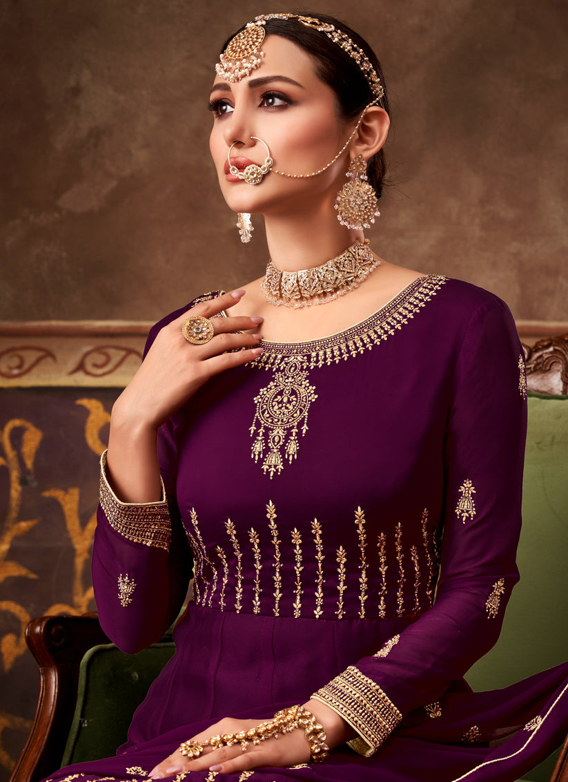 Wine Georgette Embroidered Anarkali Suit