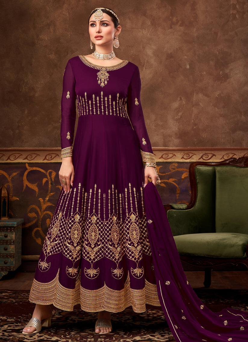 Wine Georgette Embroidered Anarkali Suit