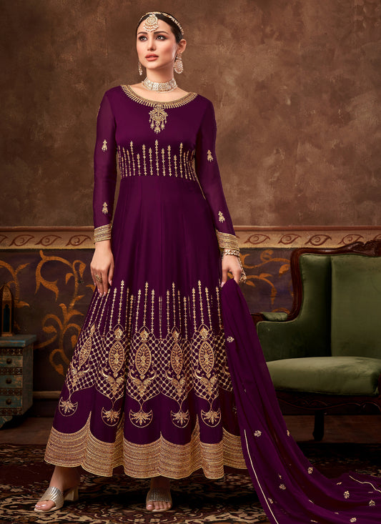 Wine Georgette Embroidered Anarkali Suit