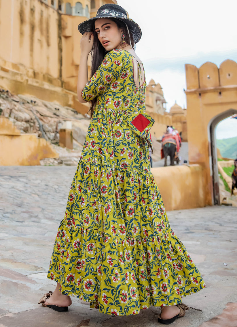 Dusty Yellow Pure Muslin Printed Ready Made Gown