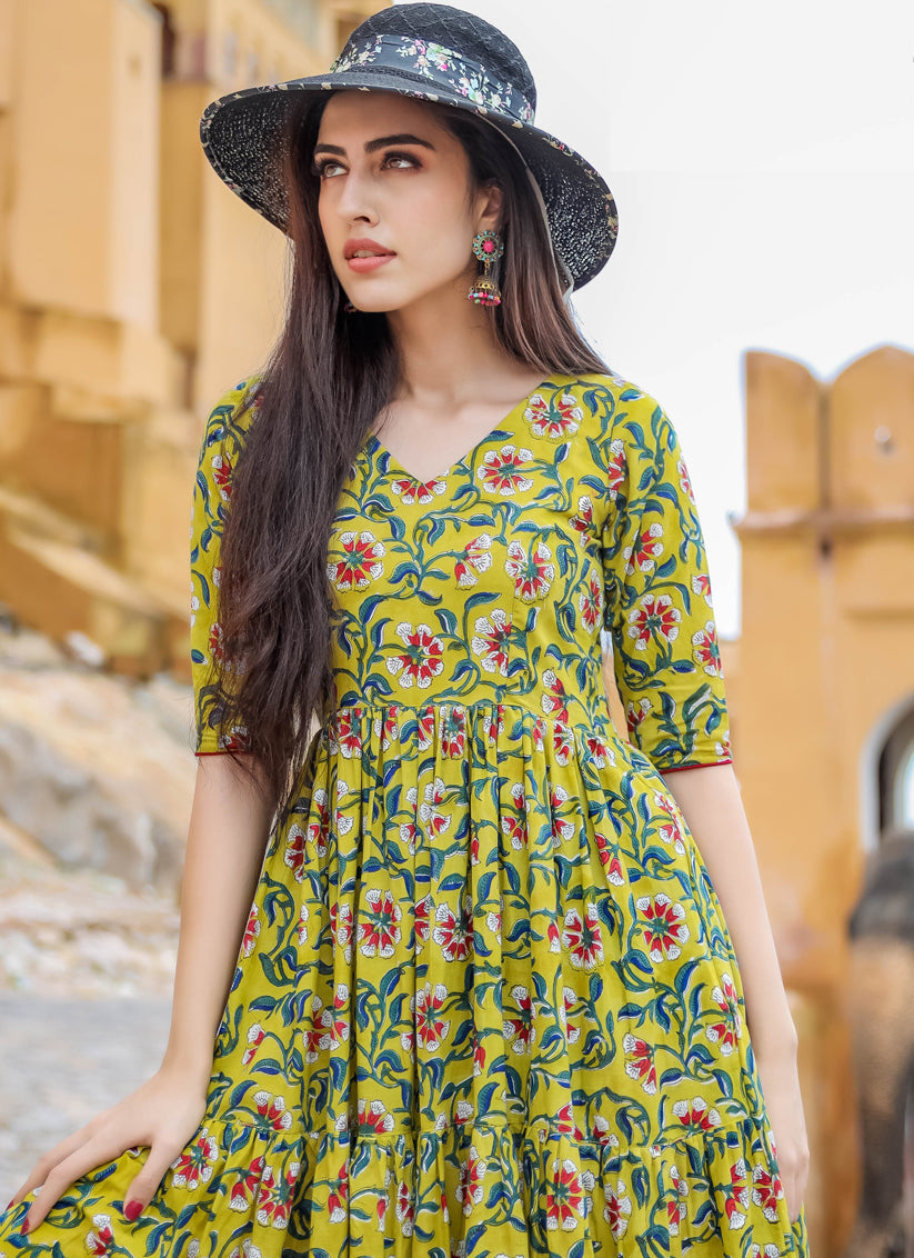 Dusty Yellow Pure Muslin Printed Ready Made Gown