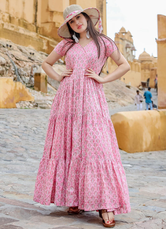 Pink Pure Muslin Printed Ready Made Gown