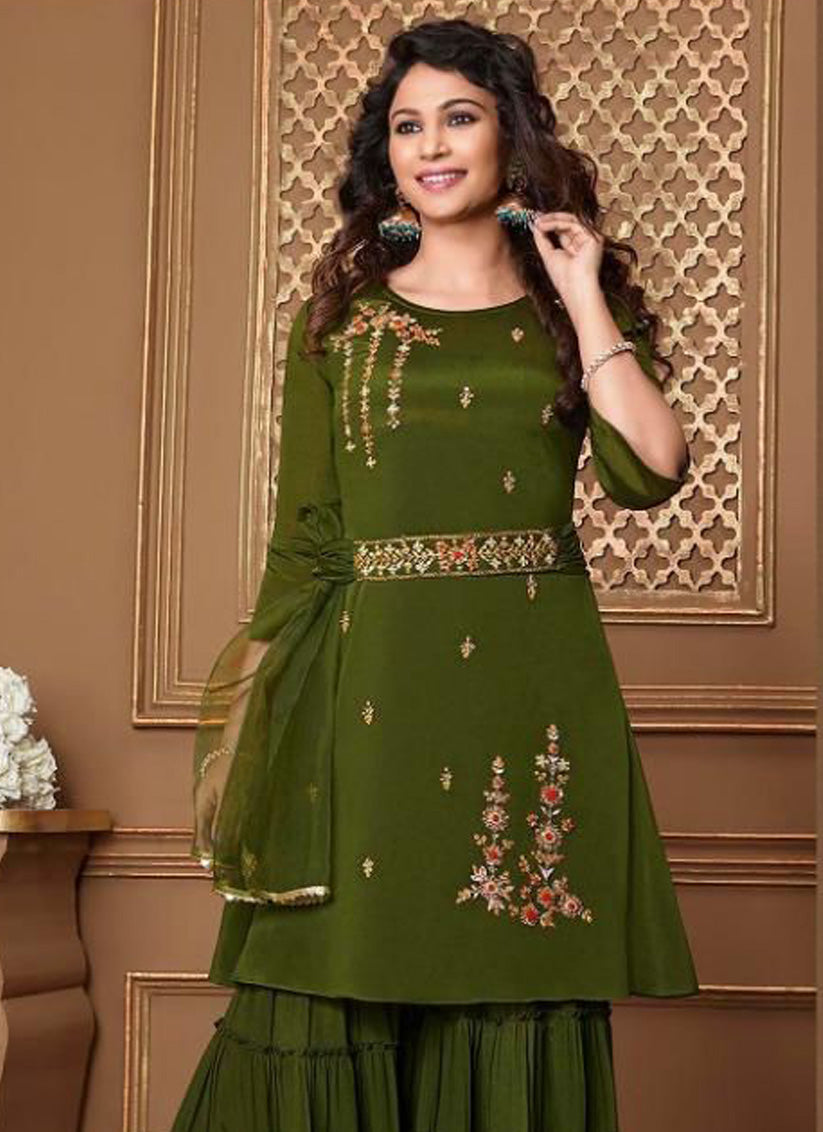 Green Chinnon Sequins Ready Made Gharara Kameez