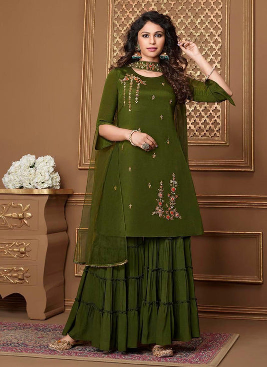 Green Chinnon Sequins Ready Made Gharara Kameez