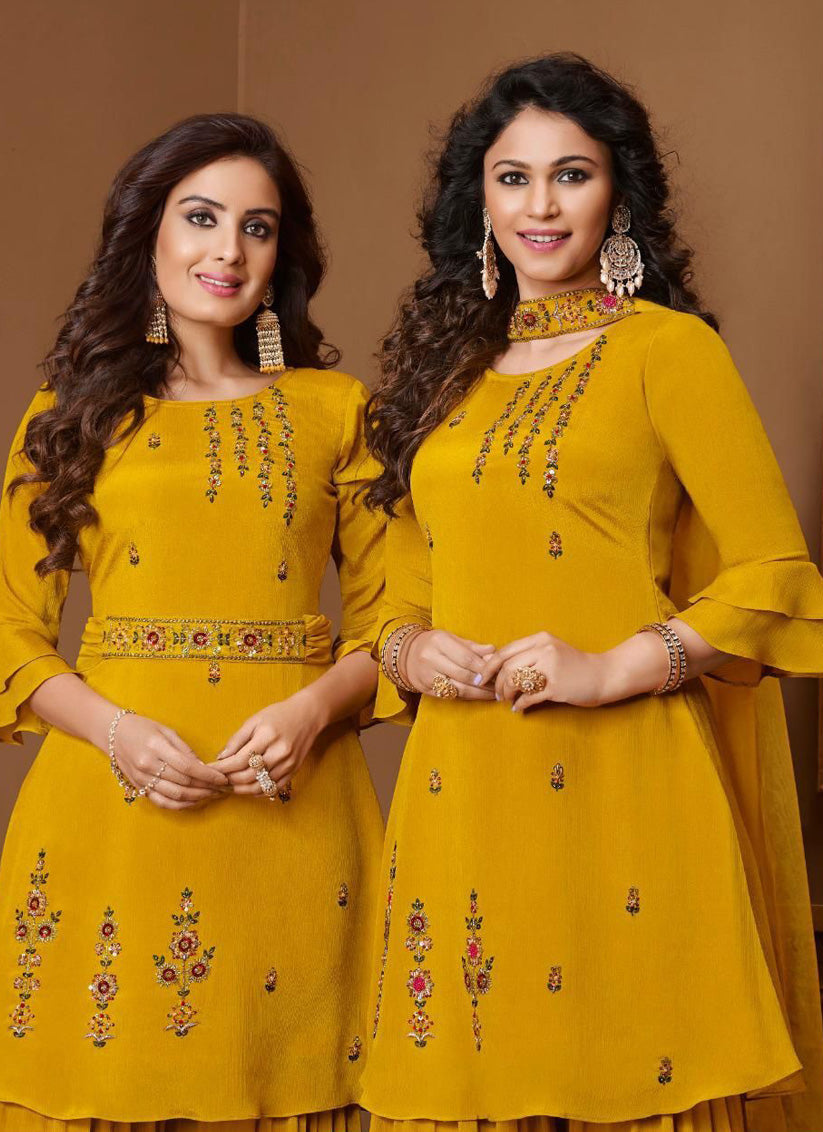 Mustard Yellow Chinnon Sequins Ready Made Gharara Kameez