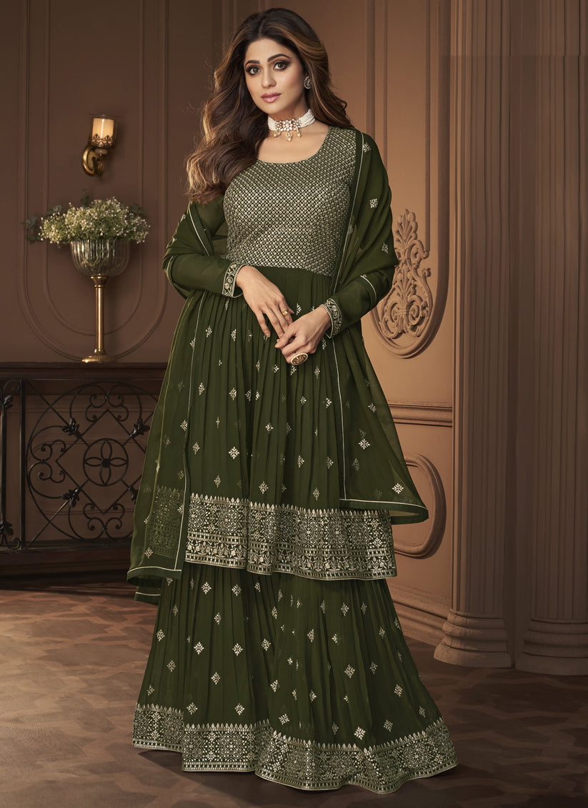 Shamita Shetty Mehendi Green Georgette Embroidered Ready Made Sarara Kameez