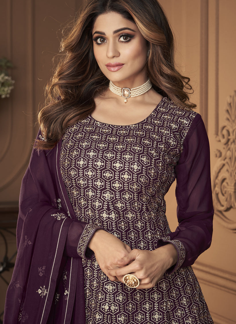 Shamita Shetty Burgundy Georgette Embroidered Ready Made Sarara Kameez