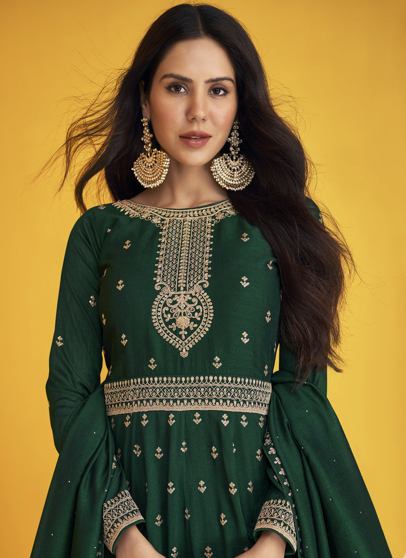 Sonam Bajwa Bottle Green Silk Embroidered Readymade Anarkali Suit