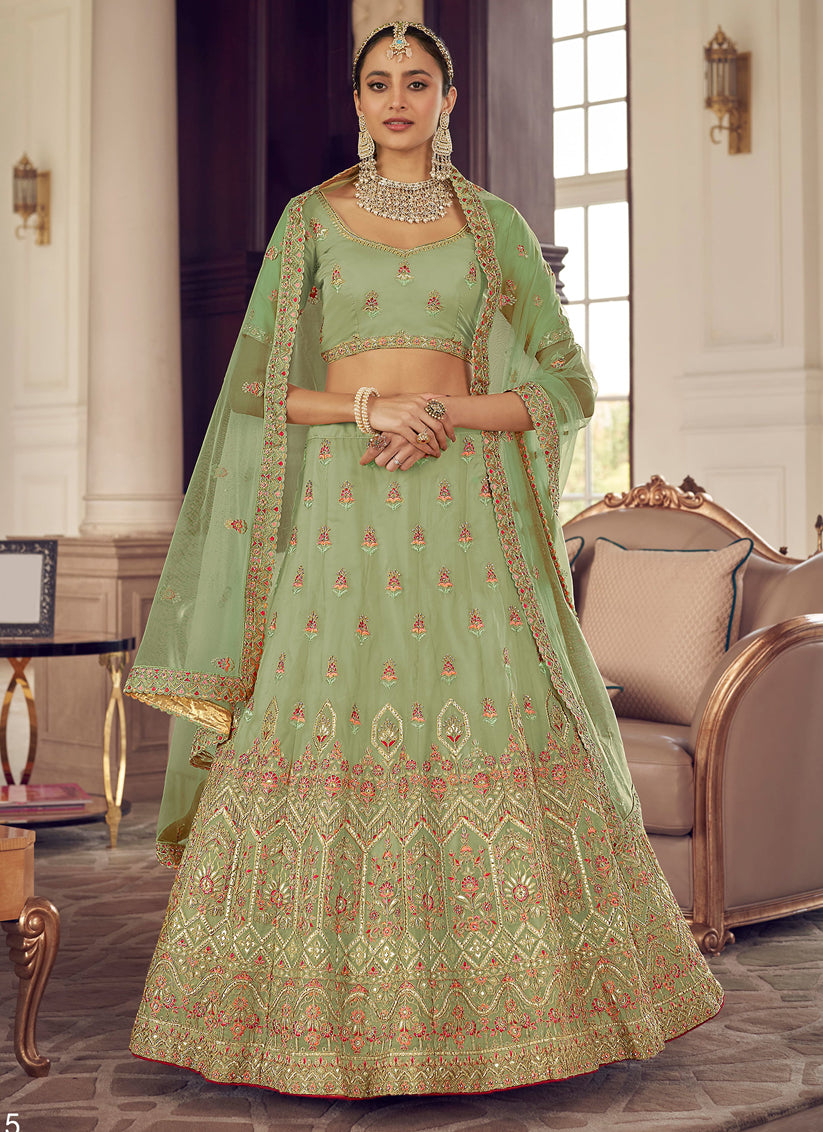 Sage Green Organza Embroidered Designer Lehenga Choli