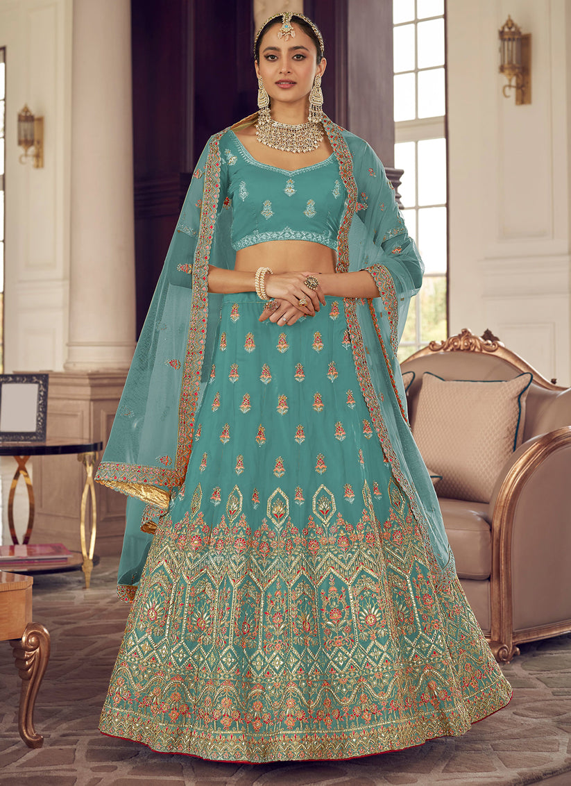 Teal Blue Organza Embroidered Designer Lehenga Choli