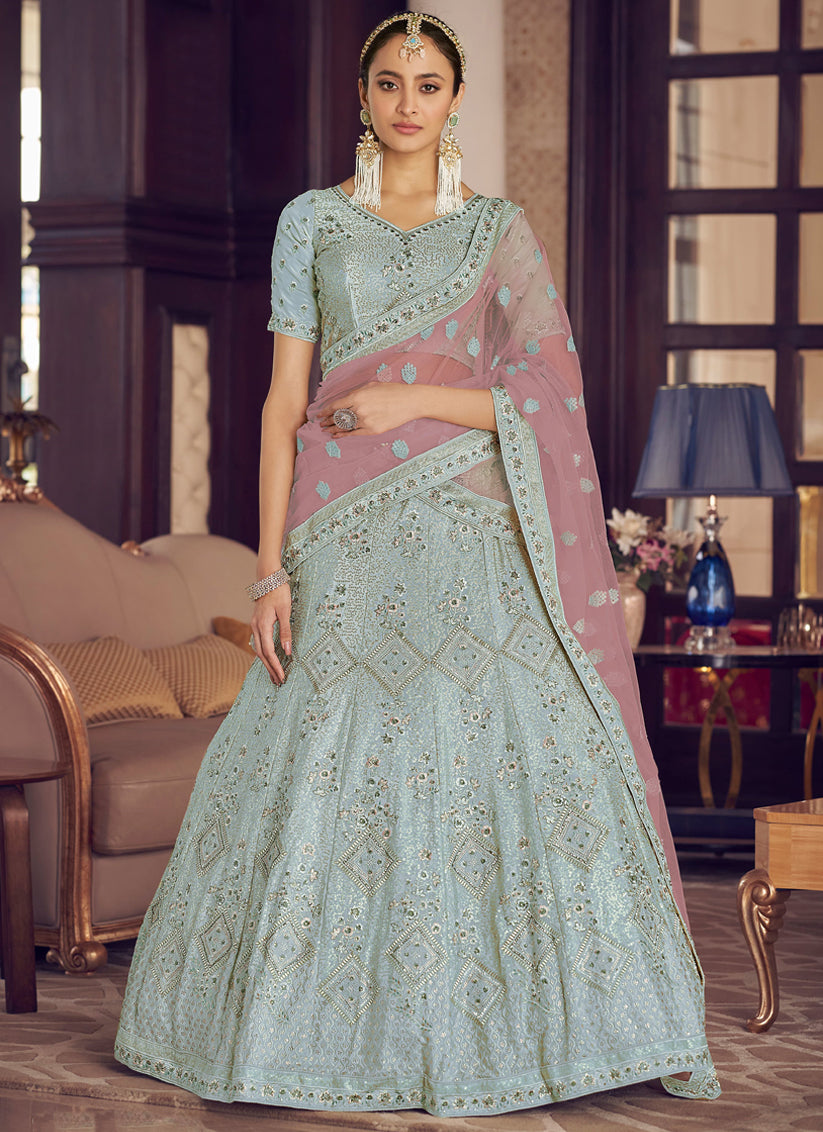 Mint Blue Crepe Embroidered Designer Lehenga Choli