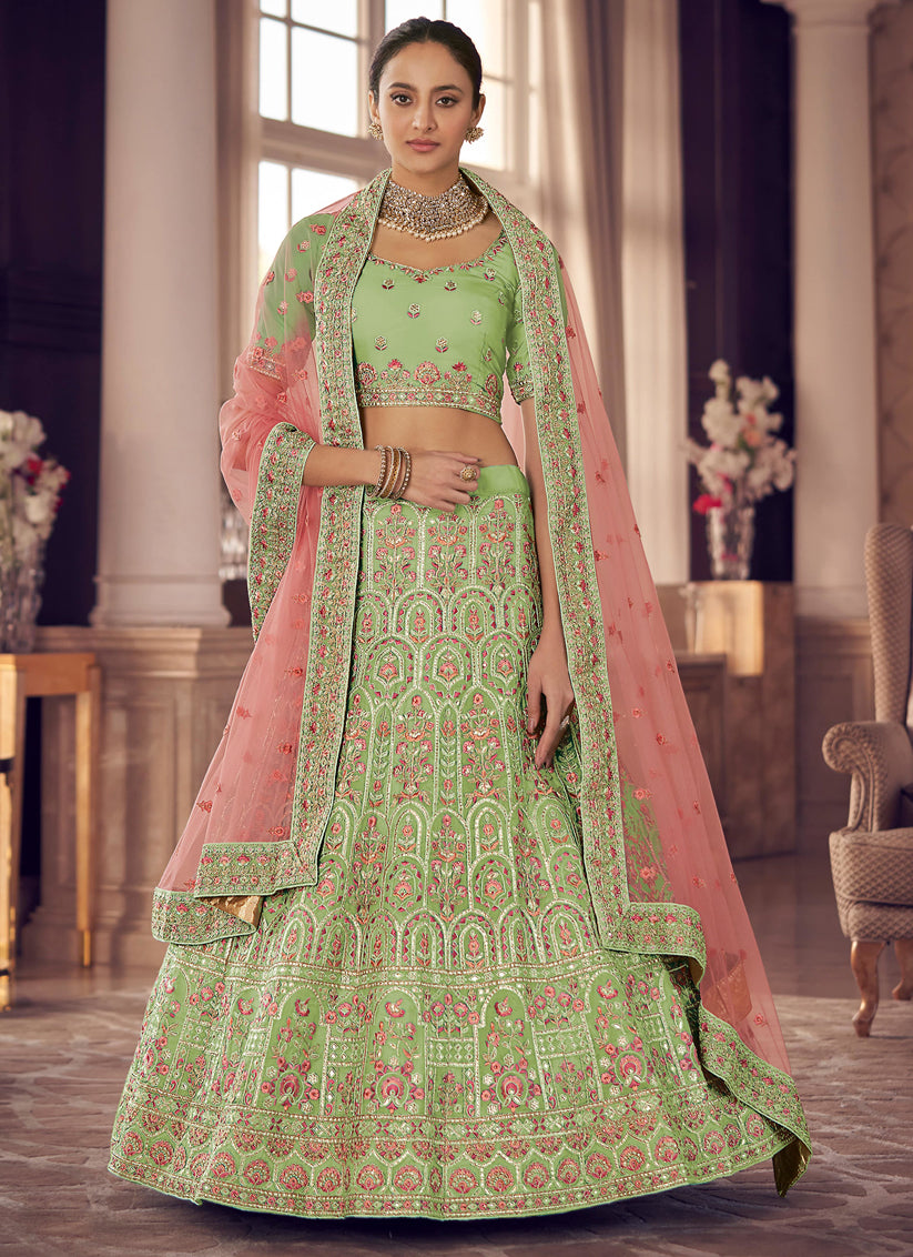 Pistachio Green Organza Embroidered Designer Lehenga Choli