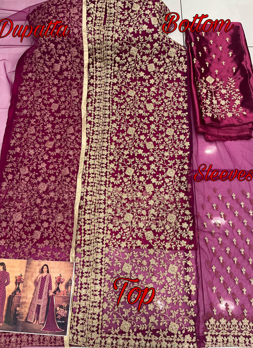 Magenta Net Embroidered Ready Made IndoWestern Style Suit