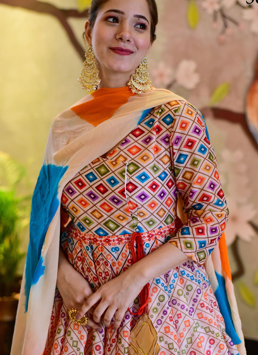 Multi Color Silk Cotton Anarkali Style Ready Made Gown with Dupatta