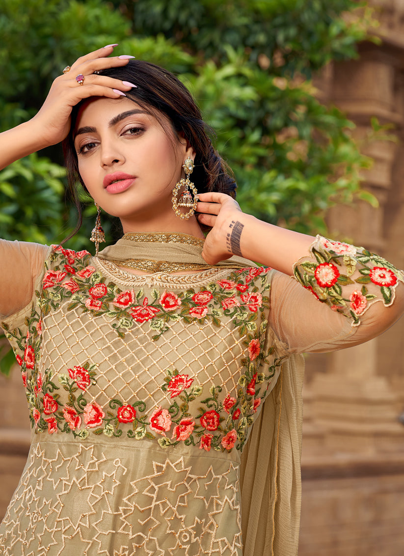 Beige Net Embroidered Designer Anarkali Suit