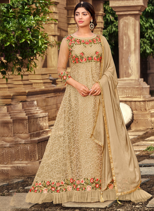 Beige Net Embroidered Designer Anarkali Suit