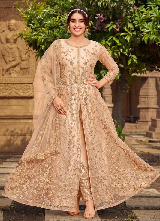 Blush Peach Net Embroidered Designer Pant Kameez