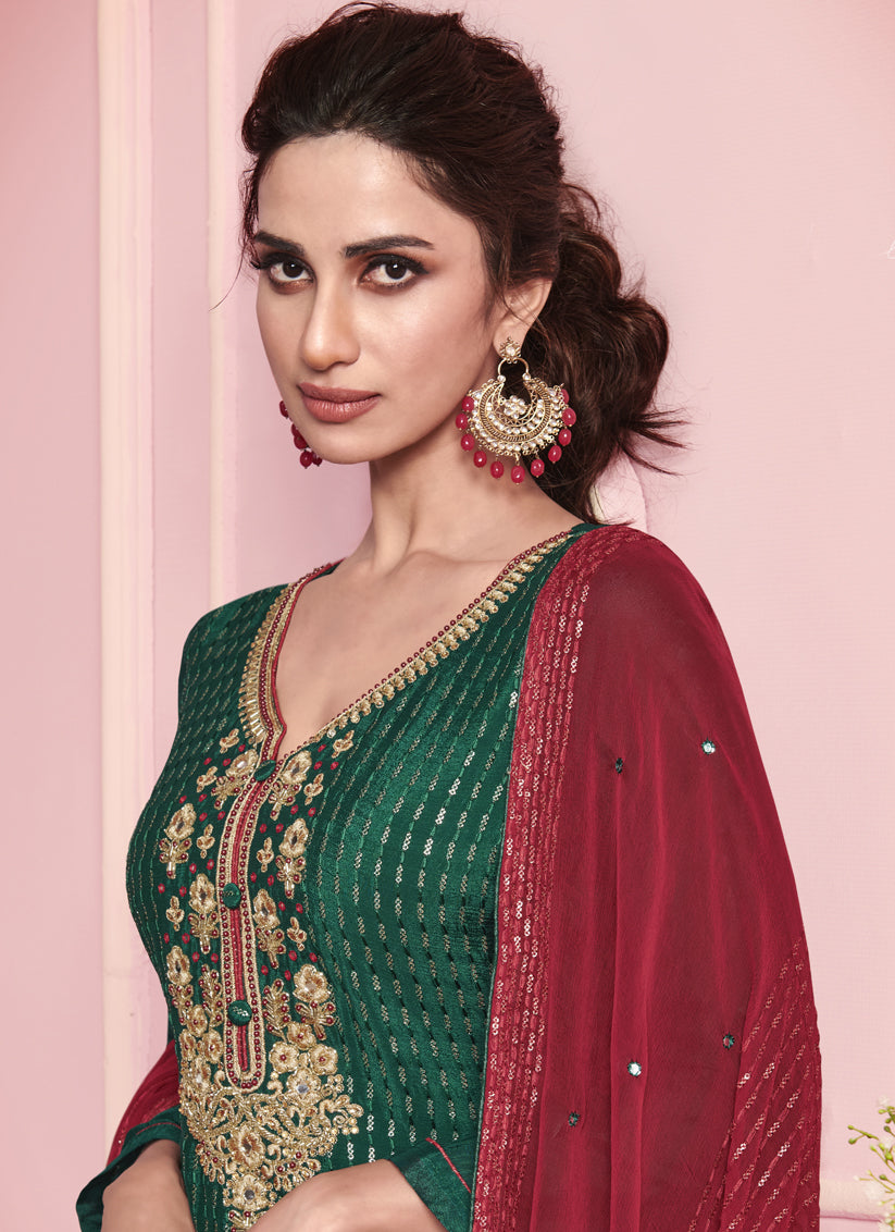 Green Georgette Embroidered Ready Made Pant Kameez Set