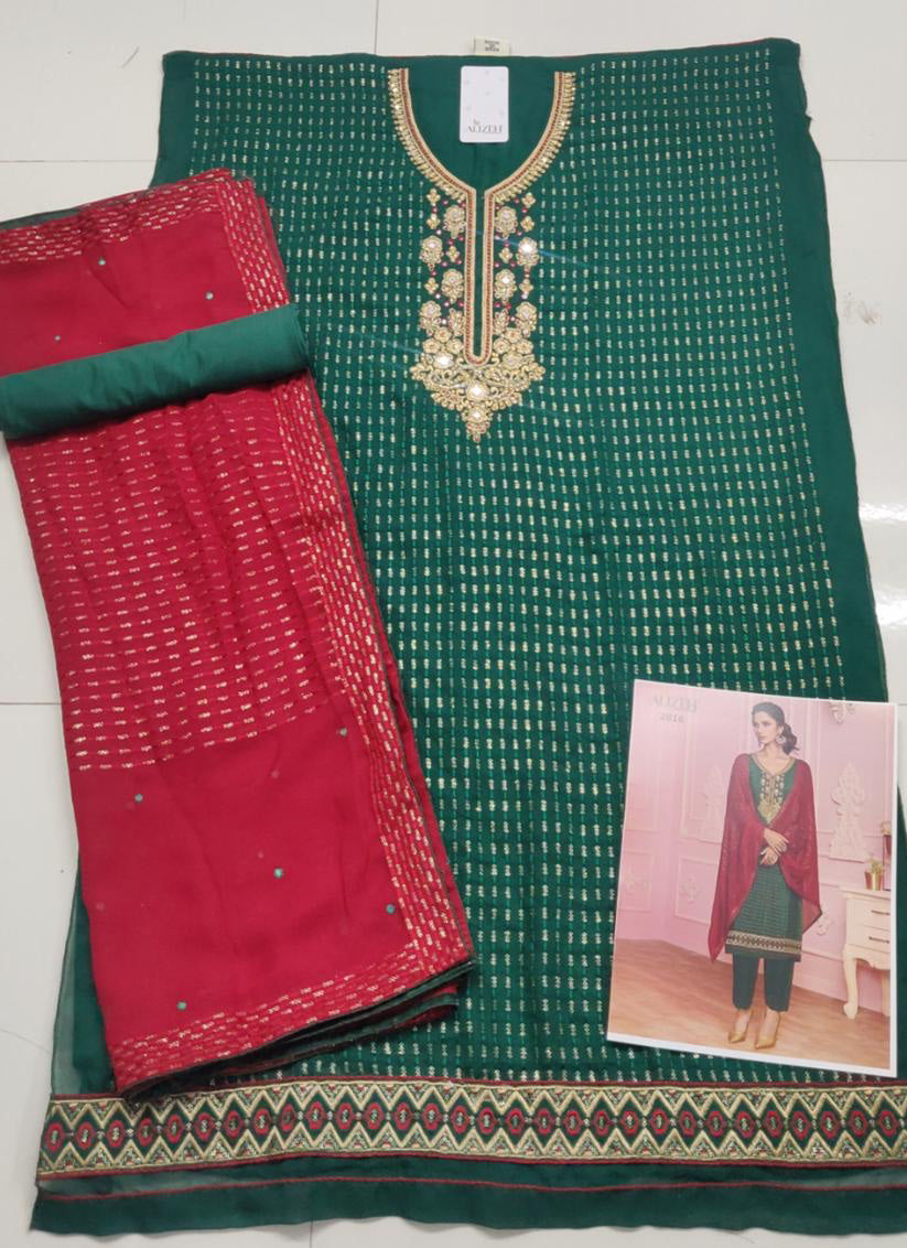 Green Georgette Embroidered Ready Made Pant Kameez Set
