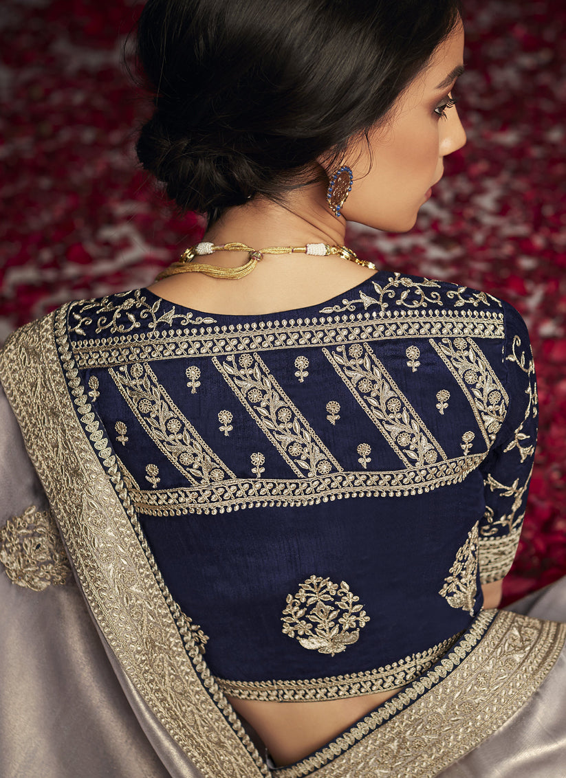 Pearl Grey Embroidered Designer Saree