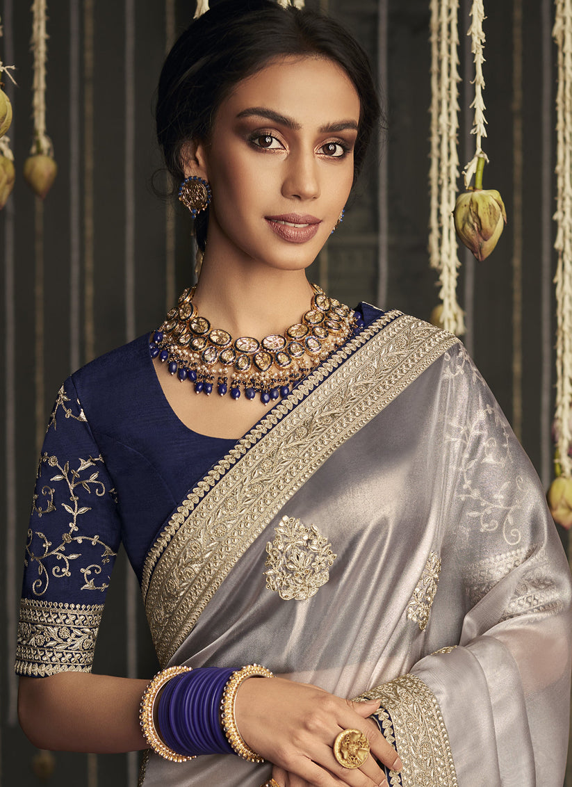 Pearl Grey Embroidered Designer Saree