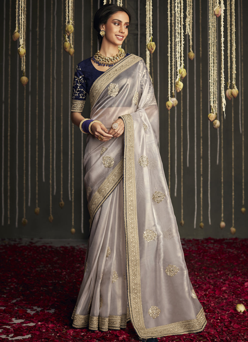 Pearl Grey Embroidered Designer Saree