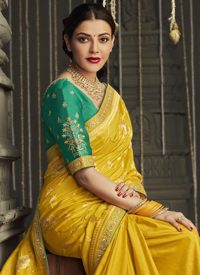 Kajal Aggarwal Sunflower Yellow Embroidered Designer Saree