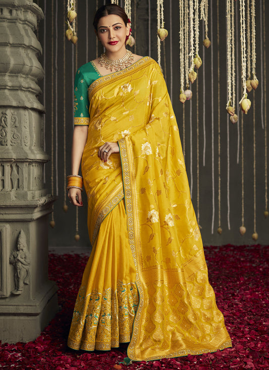 Kajal Aggarwal Sunflower Yellow Embroidered Designer Saree