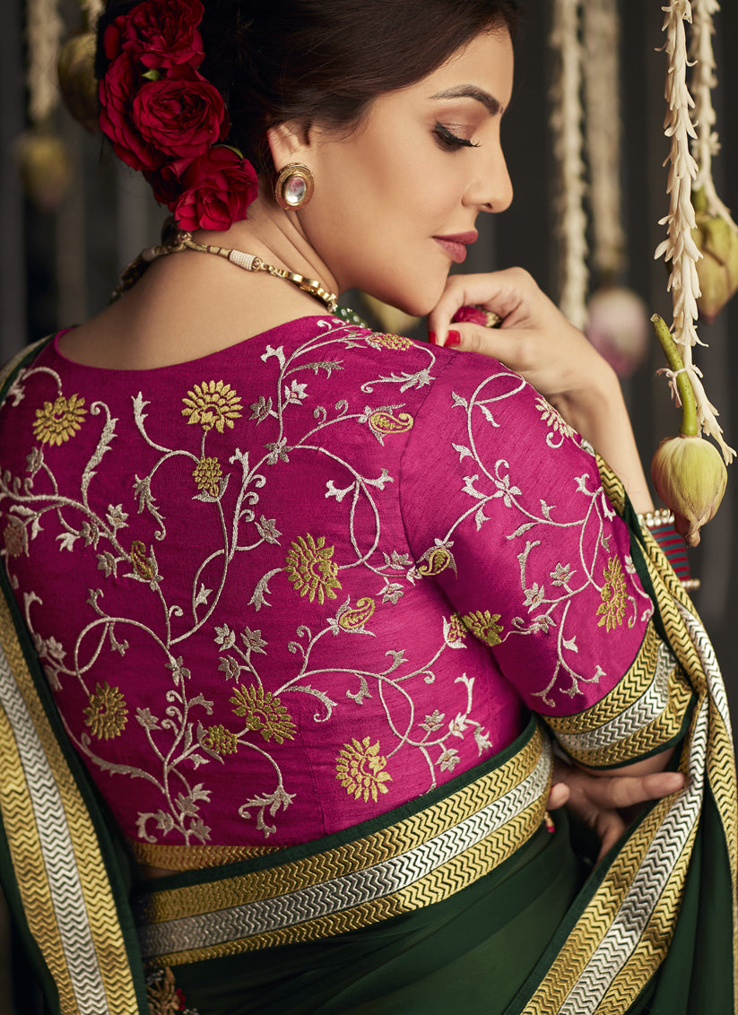 Kajal Aggarwal Bottle Green Embroidered Designer Saree