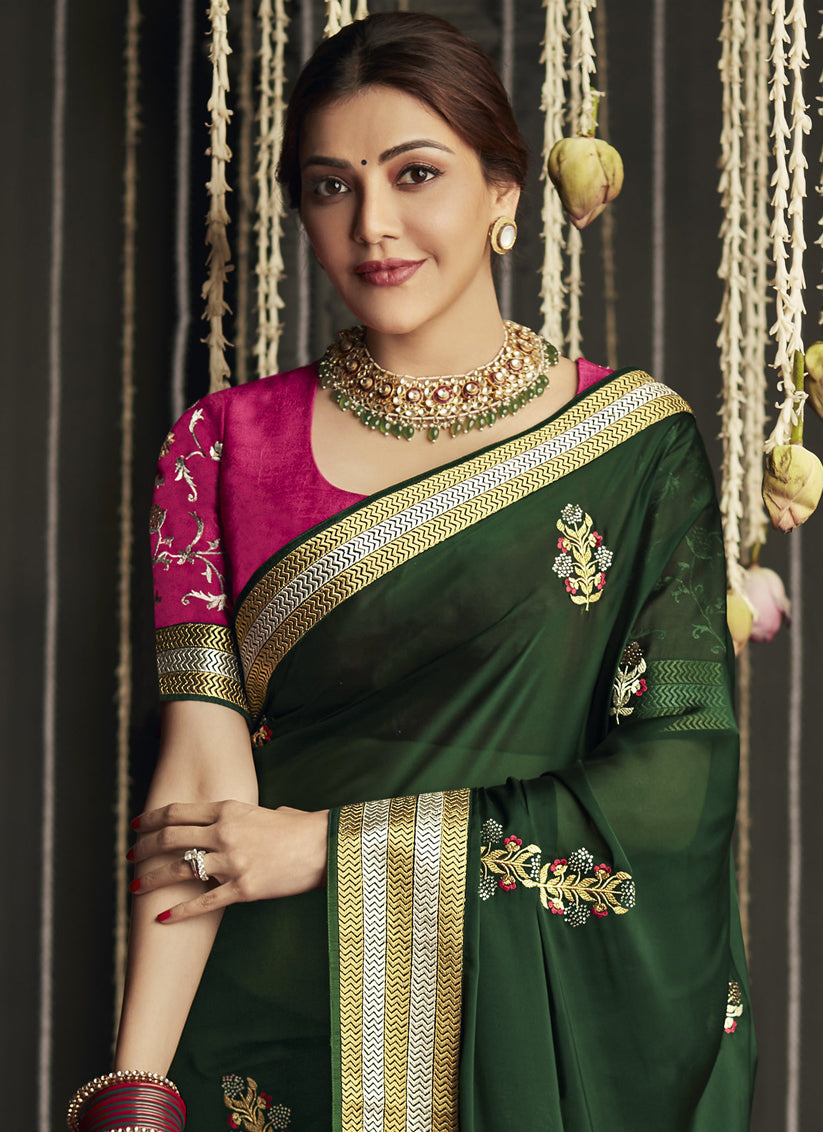 Kajal Aggarwal Bottle Green Embroidered Designer Saree
