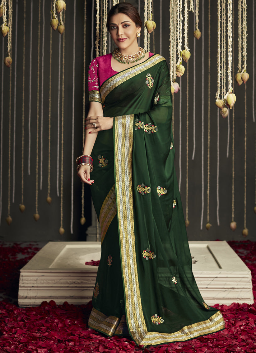 Kajal Aggarwal Bottle Green Embroidered Designer Saree