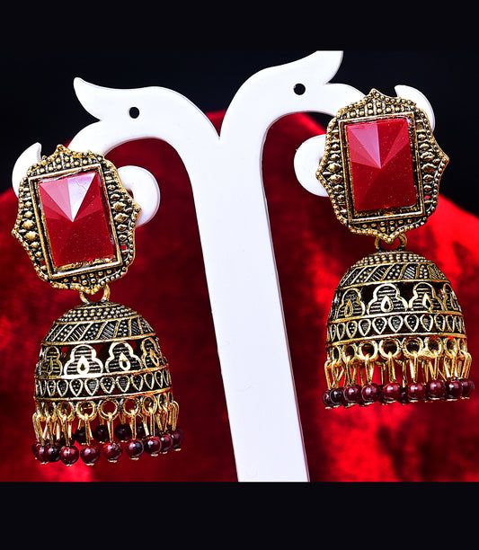 Red Pink Gold-Plated Metal Earring Set with Bead Drops