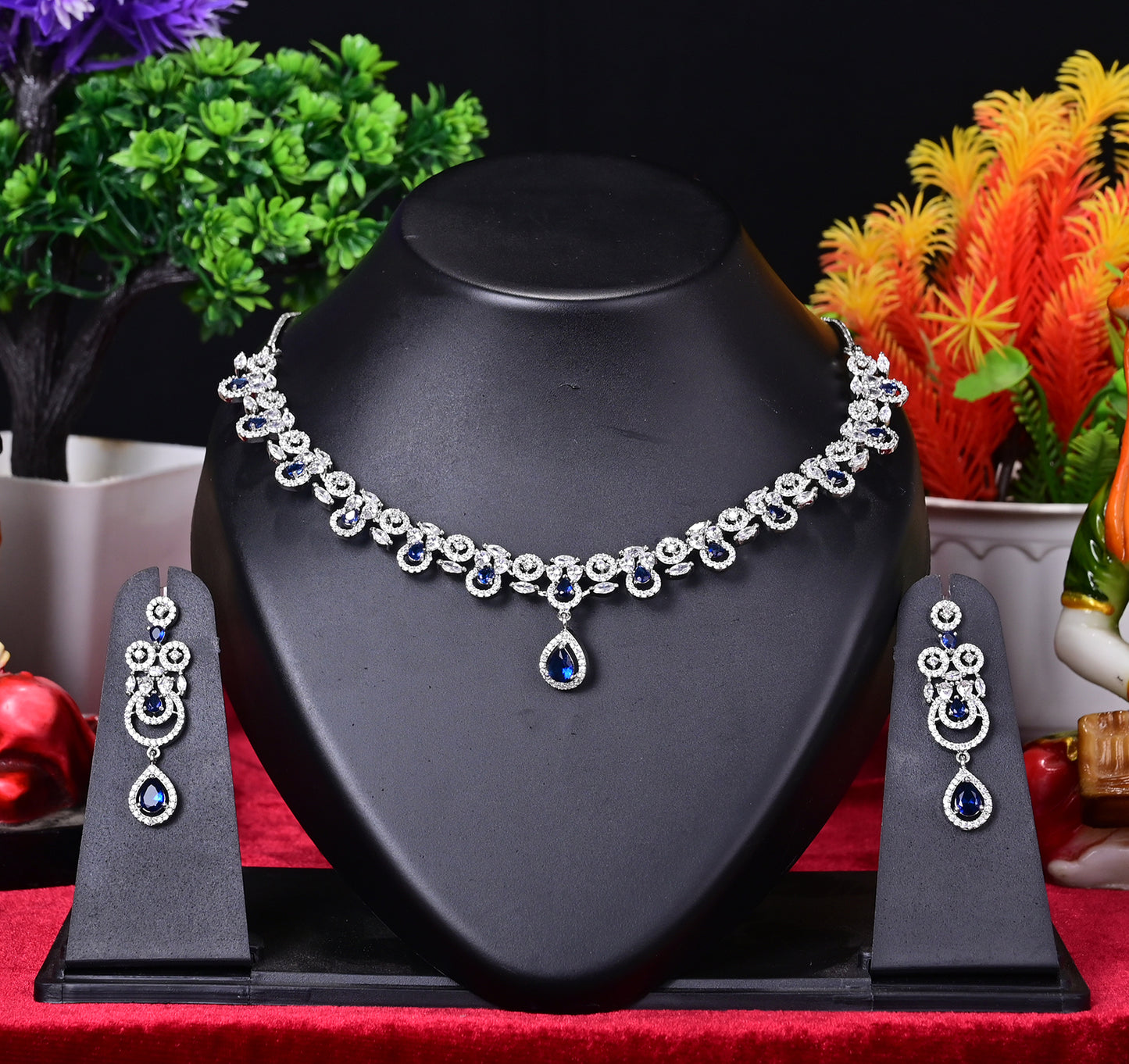 Blue Gemstone Silver Necklace Earring Set