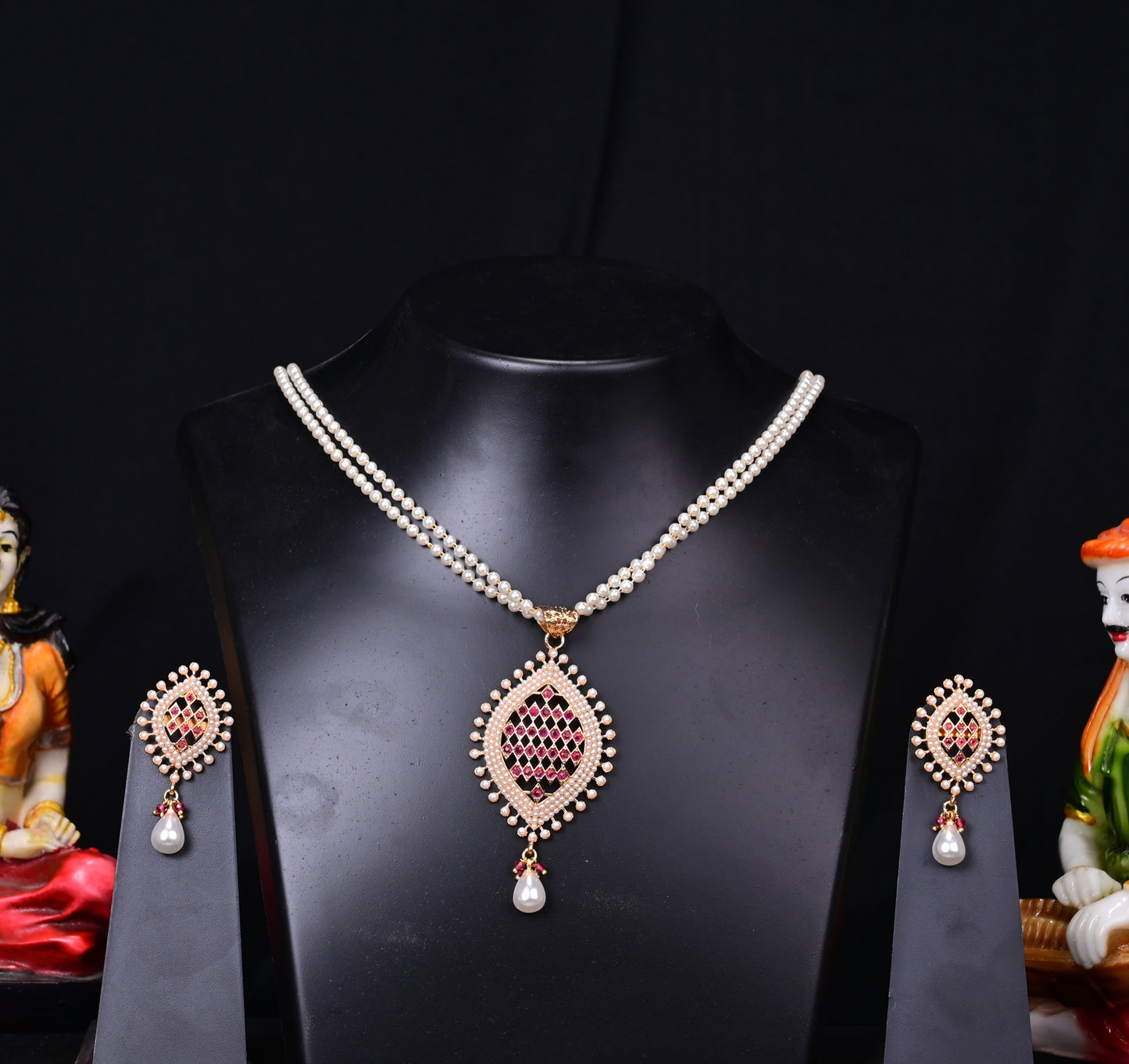 2 Row Pearl Necklace Earring Set