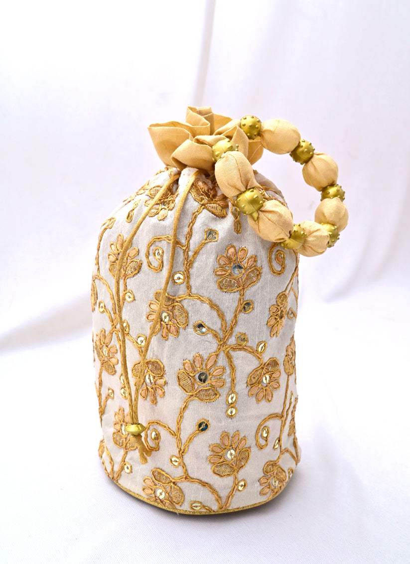 Cream Art Silk Embroidered Potli For Women